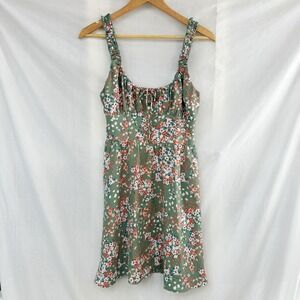 Nine Britton Medium Jordan Shirred Mini Dress Green Floral Tie Ruffle Sleeveless